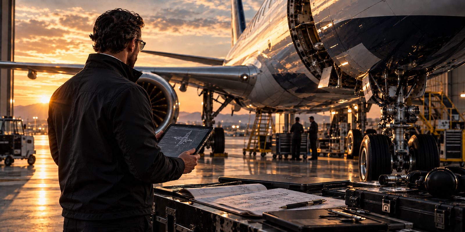 Technical representative reviewing inspection data on a tablet beside an aircraft engine and landing gear during a pre-buy inspection